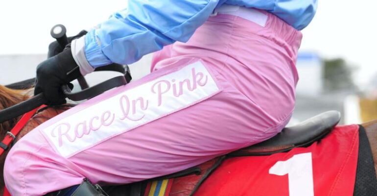 Jockeys wear pink breeches in aid of the Race In Pink fundraiser